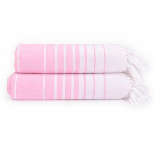 Native Fab 100% Cotton Peshtemal Turkish Bath and Beach Towels Set of 2, Large 40x71 Travel Sarong Gym Pool Spa Towels, Ultra Soft Quick Dry Absorbent Fouta Hammam Peshtemal Towels Pink