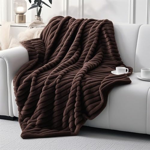 "Luxury Faux Fur Throw Blanket, Cozy & Warm Soft Plush Ribbed Design,Gift for Women (Dark Brown, Twin (63"" x 77""), Striped)"