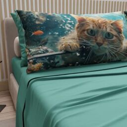 PETTI Artigiani Italiani - Bed Linen Animals with Cats in Cotton with Pillowcases in Digital Print, Double Bed Sheet, Teal Double Bed Set, 100% Made in Italy
