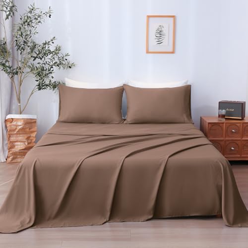 LONAVA Full Sheet Set 4 Pieces, Ultra Soft & Breathable Microbifer Sheets, 1600 Thread Count Hotel Luxury Oeko-Tex Bedding, 14-16 Inch Deep Pocket Durable Wrinkle Free Bedsheets, Brown