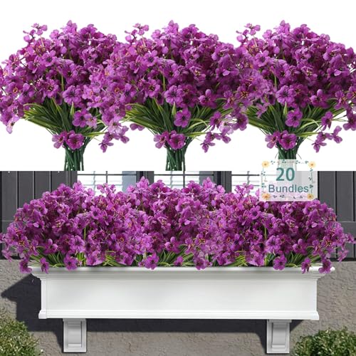 Satefello 20 Bundles Outdoor Artificial Flowers, UV Resistant Fake Flowers with Plastic Plants, Faux Silk Flowers for Outside Window Box Front Porch Hanging Planter Decor-Purple