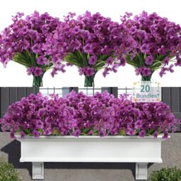 Satefello 20 Bundles Outdoor Artificial Flowers, UV Resistant Fake Flowers with Plastic Plants, Faux Silk Flowers for Outside Window Box Front Porch Hanging Planter Decor-Purple
