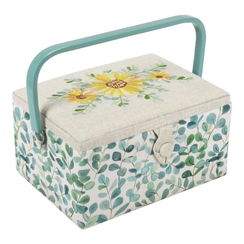 Hobby Gift Medium Sewing Box Organiser with Handle - Cotton Basket Sewing Storage Box, Craft Storage Boxes with Compartments for Tools & Accessories - 18.5 x 25.5 x 14.5cm, Eucalyptus