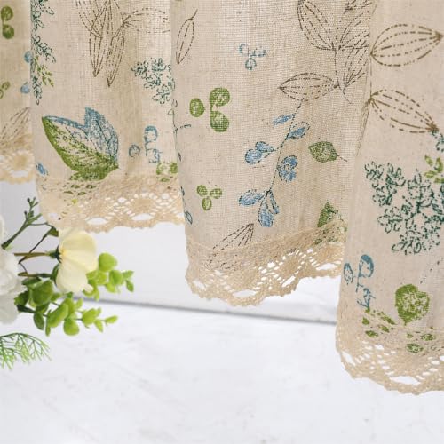 Moslovstar Farmhouse Cotton Linen Tier Curtain 31.4 Inch Long Elegant Floral Lace Window Treatment Kitchen Bathroom Short Curtain, 1 Panel, Leaves and Flower on Beige