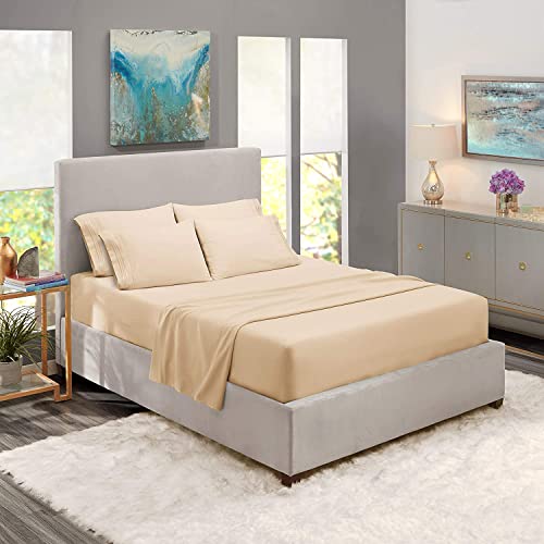 Nestl Solid Full Sheet Set - 6 Piece Soft Deep Pocket Bed Sheets - 1 Fitted Sheet, 1 Flat Sheet, 2 Pillowcases with Lines and 2 Without Lines - Shrinkage and Fade Resistant (Full, Beige)