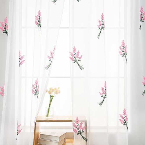 Karseteli Floral Sheer Curtains Embroidered Lavender Patterned Semi-Sheer Curtain 63 Inches Long 2 Panels Rod Pocket Spring Voile Drapes for Living Room, Bedroom(W52 x L63 Inch, White&Pink)