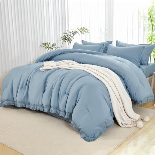 Andency Oversized King Comforter Set with Sheets 120x120 Grayish Blue - 7 Pieces Boho Tassel Bed in a Bag Soft Lightweight Bedding Sets, Rust Fringe Bed Set with Comforter, Sheets, Pillowcases & Shams