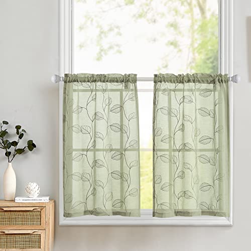 TOPICK Sage Green Sheer Kitchen Cafe Curtains Leaf Embroidered Voile Tiers  Short Half Window Semi Sheer RV Camper Curtains Farmhouse Small Door  Bathroom Basement Curtains 36 Inch Rod Pocket 2 Panels by