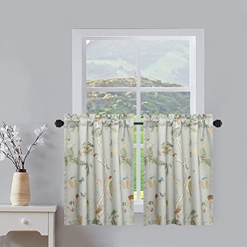 Leeva Soft Airy Linen Tier Curtains for Bathroom Traditional Birds Pattern Mini Drapes for Farmhouse Rod Pocket Light Filtering Window Coverings 24 Inch Length, 2 Panels