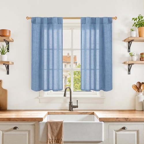YoungsTex Denim Blue Linen Curtains 40 Inch Length for Short Window, Small Drapes with Rod Pocket Back Tab Light Filtering Coastal for Bathroom Cafe Kitchen Window, 2 Panels, 30 X 40 Inch