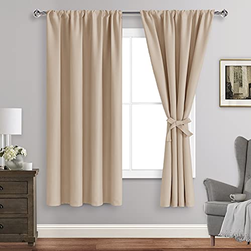 JIUZHEN Blackout Curtains for Bedroom??? Thermal Insulated,Noise Reducing Room Darkening Rod Pocket Curtains for Living Room, Set of 2 Panels with Tiebacks, 42 x 63 inch Long, Beige