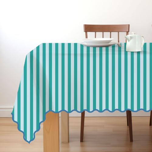 Whaline Scalloped Edge Blue Green Striped Tablecloth Waterproof Linen Tablecloth Rectangle Table Cover for Home Kitchen Table Decoration, 55 x 70 Inch