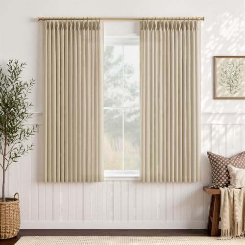 "Linen Pinch Pleated Curtains 63 Inch Long, Cream Beige Curtain 2 Panels for Dining Room Kitchen Bedroom Semi Sheer Pleat Drapes with Hooks Rings Light Filtering Short Window Curtain Cabinet 40"" x 63"""