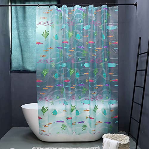 Underwater World Fish Shower Curtain, Ocean Tropical Fish Shower Curtains, Waterproof Transparent EVA Bathroom Decor Set with Hooks, Cute Shower Curtains for Kid