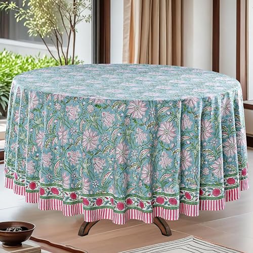 Ridhi Round Tablecloth Hand Block Print 100% Cotton Reusable Turquoise Blue 120 Inch Table Cover Decorative Everyday Use for Dining, Home, Party, Wedding, Farmhouse Gift for Spring, Mother's Day
