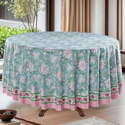 Ridhi Round Tablecloth Hand Block Print 100% Cotton Reusable Turquoise Blue 120 Inch Table Cover Decorative Everyday Use for Dining, Home, Party, Wedding, Farmhouse Gift for Spring, Mother's Day