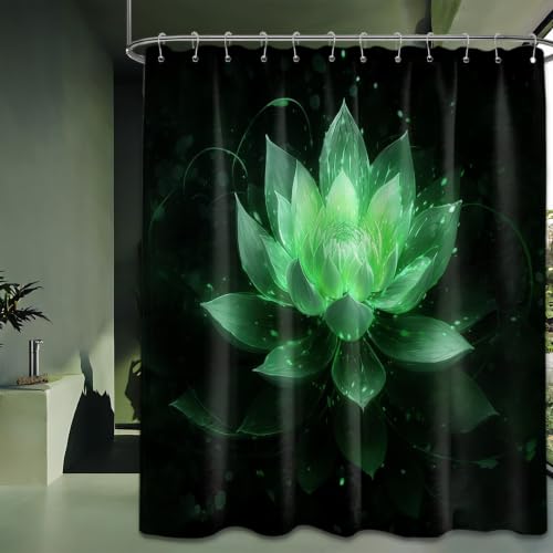 QGHOT Black and Green Shower Curtain Lotus Flower Shower Curtains for Bathroom Decor Decorative Floral Bath Curtain Set, Waterproof Cloth Fabric, 84x72in