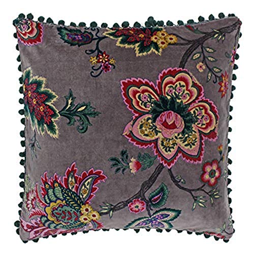 "Riva Paoletti Palampur Polyester Filled Cushion Purple-Indian Floral Print-Faux Velvet Fabric-Pink Pompom Edges-Machine Washable-100 (20"" x 20"" inches), Cotton, Mink, 50 x 50cm"