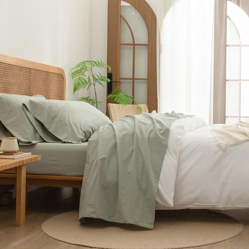 BESTOUCH King Washed Cotton Linen Feel Sheet Set 4 Pcs Sage Green - 4 Piece Sheets, Deep Pockets with All???Around Elastic, Linen-Like Texture, Extra Soft & Breathable, No???Iron