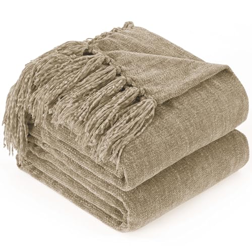 "GINAMUSE Chenille Throw Blanket for Couch - Soft Knit Blankets 50""X60"" - Cozy Warm Lightweight Boho Decorative Knitted Blankets with Tassels for Bed and Sofa,Taupe"