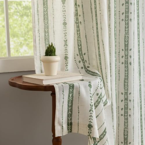 Conkov Green Boho Curtains for Living Room 63 Inch Length 2 Panels Set,Vintage Farmhouse Semi Privacy Linen Curtains,Rustic Country Drapes with Bohemian Line Printed for Dining Room, W52 X L63