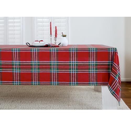Solino Home 100% Linen Tablecloth Red, Madras Holiday Plaid 60 x 120 in - protects and styles the table for daily use, European flax fibres, low iron finish, Red, machine washable, OEKO-TEX Certified