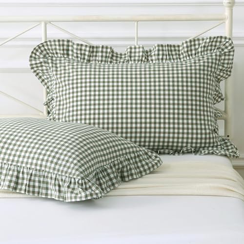 "Silnuo Sage Green/White Plaid Ruffled King Size Pillow Shams Set of 2 - 100% Washed Cotton Shabby Checkered Gingham Farmhouse Bed Pillow Covers 20""x36"""