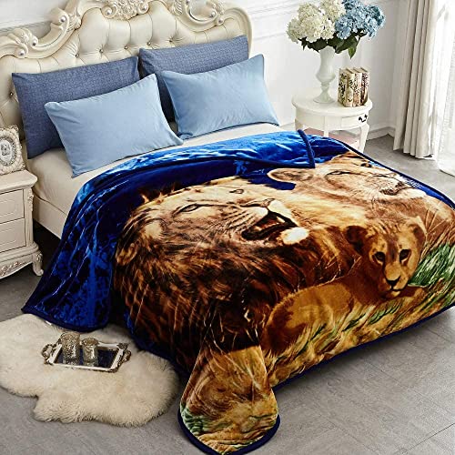"JYK Korean Faux Mink Fleece Blanket 75""x87"", 5 LB - 2 Ply Reversible 520GSM Silky Soft Plush Warm Blanket for Autumn Winter (Queen, Lion/Dolphin)"