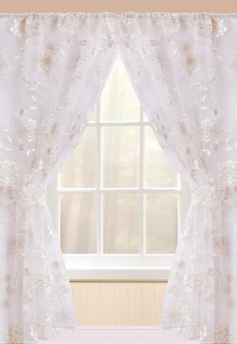 "Zahari Home Rose Vine Window Curtain Fabric Laced Window Curtain for Bathroom Kitchen Living Room, 36"" x 54"" Each, Set of 2, Beige"