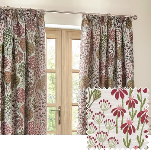 furn. Wylder Nature Ophelia Floral Jacquard Pencil Pleat Curtains - 2 Panels - Width x Drop - 117 x 137cm (46 x 54) - Redwood