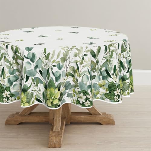 Horaldaily Spring Summer Tablecloth 60 x 60 Inch Round Eucalyptus Floral - Washable Table Cover for Party Picnic Dinner Decor