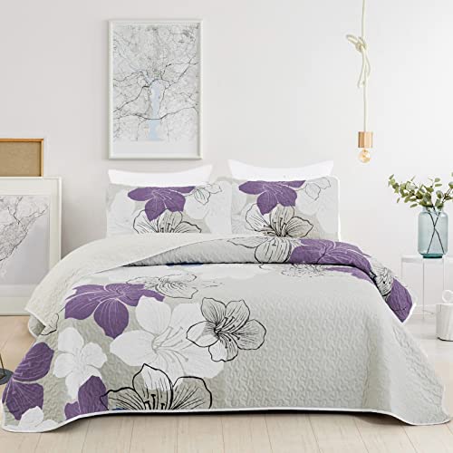 "DJY 3 Pieces Quilt Set King Purple Lily Pattern Quilt Coverlet Set Boho Floral Bedspread with 2 Pillow Shams Lightweight Microfiber Elegant Bedding Decor Quilt Set All Season (Purple, 104""x90"")"