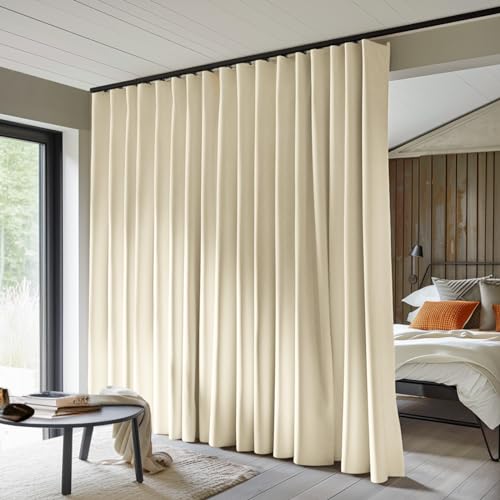 MaKefeile Room Divider Curtains Full Blackout Curtain Panels - Thermal Insulated Noise Reducing Drapes for Bedroom Living Room Ceiling Rail 10ft Wide x 7ft High Beige