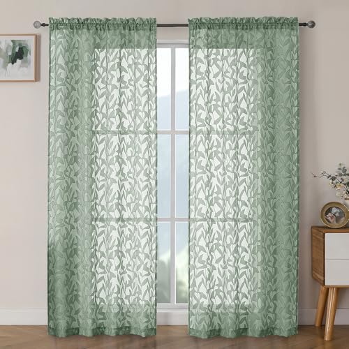 OWENIE Leyna Sage Green Sheer Curtains 72 Inches Long for Bedroom 2 Panels Set, Light Filtering Clip Jacquard Textured Living Room Curtains, Rod Pocket Leaves Door Drapes, Each 40Wx72L Inch