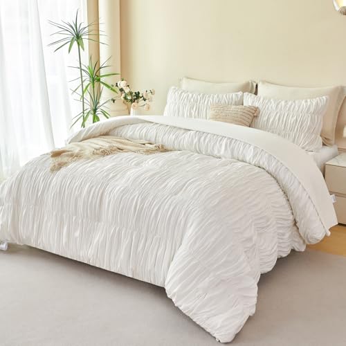 "PERFEMET White Bedding Full Size Set, 5 Pieces Fluffy Ruched Comforter Set (79""x90""), Luxury Soft Boho Chic Ruffled Bed in a Bag with Sheet, All Season Farmhouse Pleated Texture Bed Sets(White, Full)"