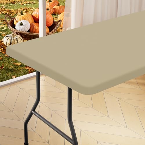 "Homing Rectangle Table Cloth Cover, Waterproof Polyester Elastic Fitted Tablecloth, Fits for 6 Foot Folding Tables, Washable Table Protector for Picnic, Camping, Outdoor (Taupe, 30"" x 72"")"