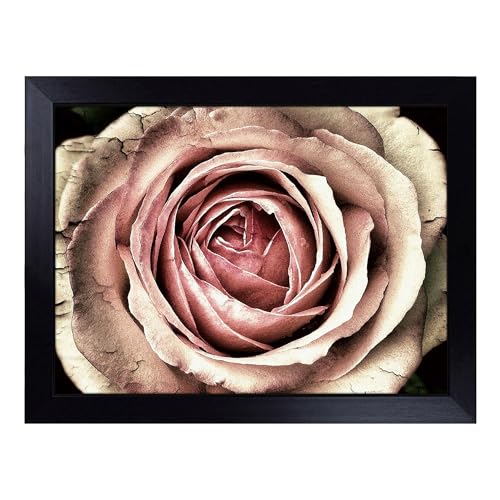 Lap Tray with Bean Bag Cushion, Flower Pink Rose Art - Handmade in the UK, Raised Wooden Edge, Padded Cushion, Heat-Resistant Wipe-Clean Surface, for Meals, Laptops and Crafts