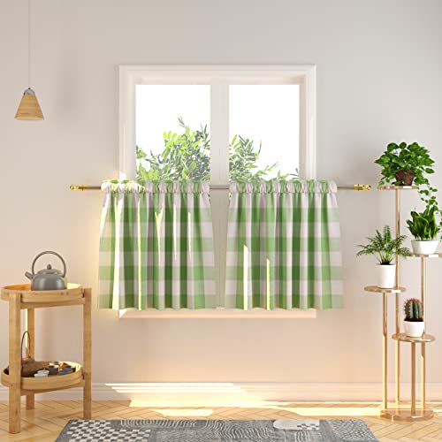 Natus Weaver Buffalo Tier Curtains 24 inch Length Plaid Gingham Rod Pocket Short Window Small Kitchen Cafe Curtain Bathroom Window Curtains 2 Panels Green & White