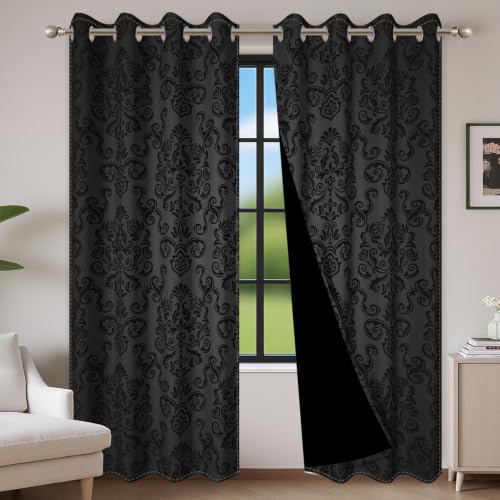 "Black Damask Patterned Blackout Curtains 63 inches Long,2 Panels 26""Wx63""L - Room Darkening Window Curtains,Polyester Thermal Insulated Drapes,Grommet Window Drapes,for Bedroom Living Room Dining Room"