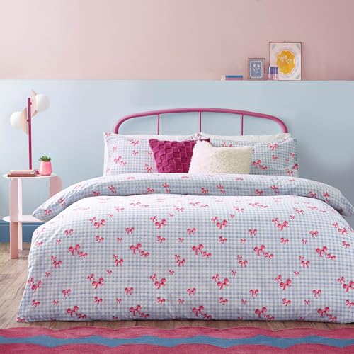 Furn. Heya Home Gingham Bows Bedding – Classic Gingham with Playful Bows Duvet Cover Set (Blue – King)