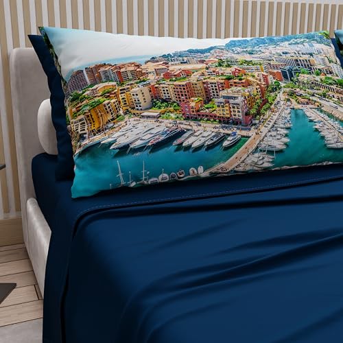 PETTI Artigiani Italiani - Cotton Sheets with Pillowcases in Digital Print, Double Sheet, Monaco Design Bed Set, Night Blue, 100% Made in Italy