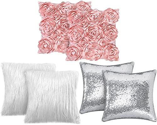 Decorative 3D Rose Flower Pillow Cover, Faux Fur Throw Pillow Covers, 16 x 16 Inch Throw Pillows for Bed Soft Square Sofa Pillow Covers for Xmas Sofa Bedroom Car (Pink Rose, White Fur, Silver, 6 Pcs)