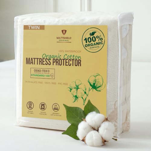 Deluxe Waterproof Organic Cotton Mattress Protector Twin Size - Breathable Mattress Pad Cover - Premium 280 GSM - Jersey Cotton Skirt - Deep Pocket Fitted Style