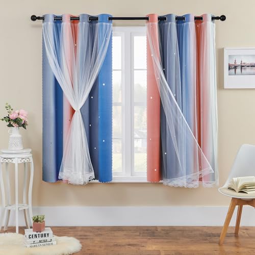 XiDi Curtains for Bedroom Decor, Rainbow PinkGreyBlue-52-45 - 52 x45 inch, Pink Grey Blue layered curtain, kids and girls bedroom decor, white sheer overlay,room darkening, grommet top