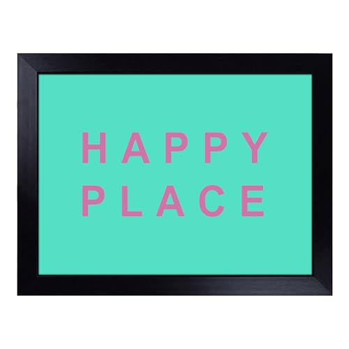 Lap Tray with Bean Bag Cushion, Happy Place Teal Typography Quote - Handmade in the UK, Raised Wooden Edge, Padded Cushion, Heat-Resistant Wipe-Clean Surface, for Meals, Laptops and Crafts