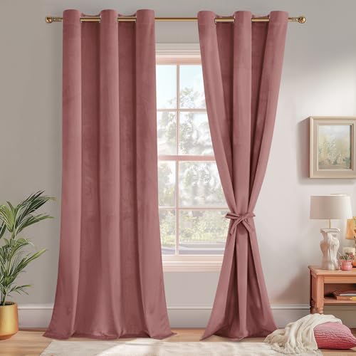 JIUZHEN Wild Rose Velvet Curtains 84 inches Blackout Curtains for Living Room - Privacy Protect Room Darkening Grommet Thick Velvet Window Drapes for Bedroom, Set of 2 with Tiebacks, 42W x 84L