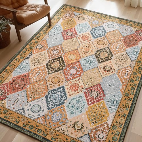 Phantoscope 5'x7' Vintage Collection Area Rug, Washable Living Room Rug Non-Slip, Low-Pile Moroccan Trellis Boho Carpet for Bedroom Dining Room Office Durable Indoor Printed Rug, Tan Brown/Multi