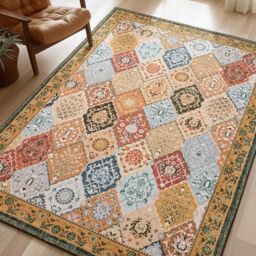 Phantoscope 5'x7' Vintage Collection Area Rug, Washable Living Room Rug Non-Slip, Low-Pile Moroccan Trellis Boho Carpet for Bedroom Dining Room Office Durable Indoor Printed Rug, Tan Brown/Multi
