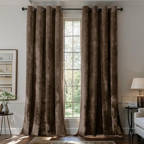 SMILETIME Chocolate Crushed Velvet Curtains 52x84 inch Luxurious Thermal Insulated Soundproof Drapes for Living Room Bedroom Office Soft and Durable Light-Filtering Window Treatments, 2 Panels