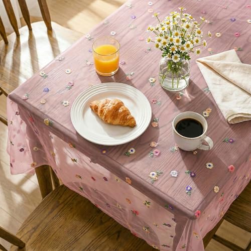 Horaldaily Pink Embroidery Floral Tablecloth, 52??70 Inch Rectangular - Spring Summer Gauze Tablecloth, Seasonal Tulle Table Cover, Garden Party Decor, Resuable,Washable